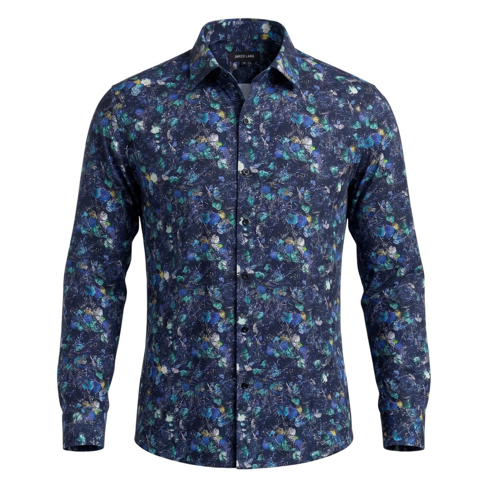 Jared Lang Mens XL Floral Button Down Shirt Navy Blue Teal Long Sleeve Cotton